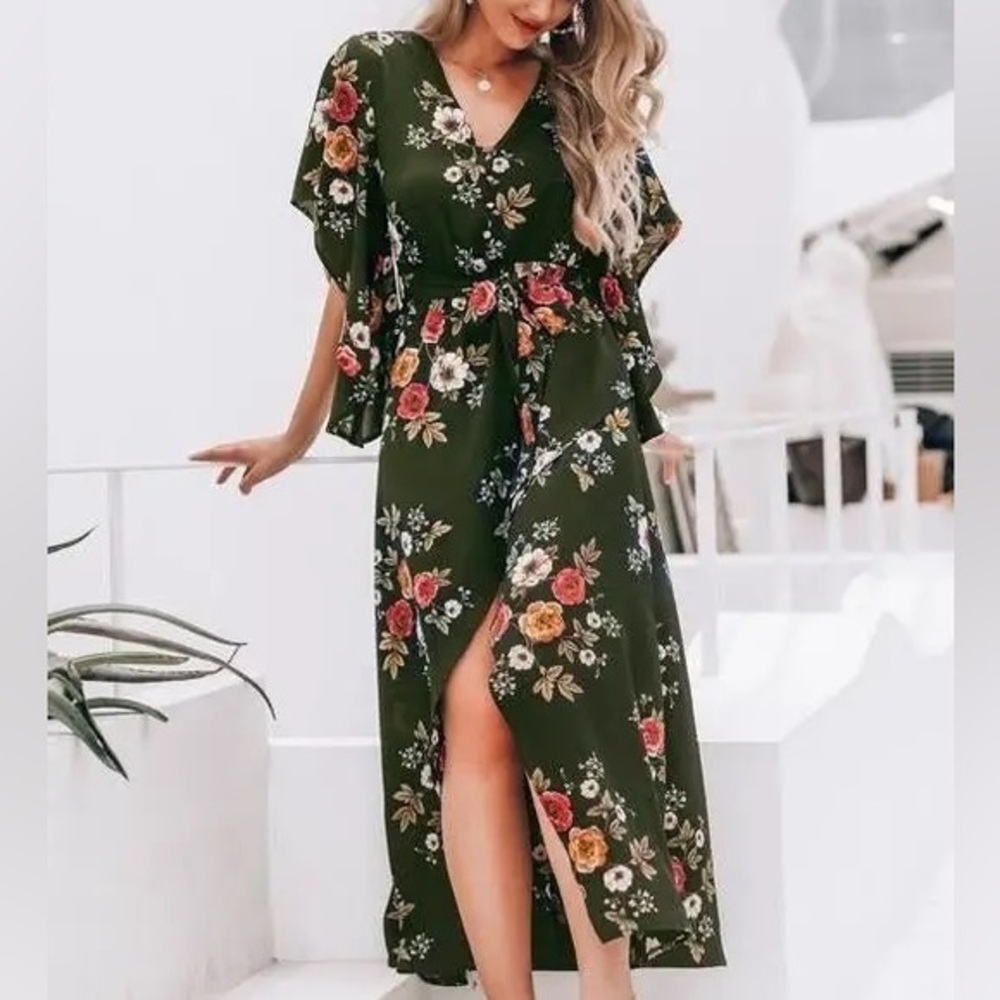 Simplee Olive Green White Red Button Floral Bell Sleeve Boho Maxi Dress - LARGE